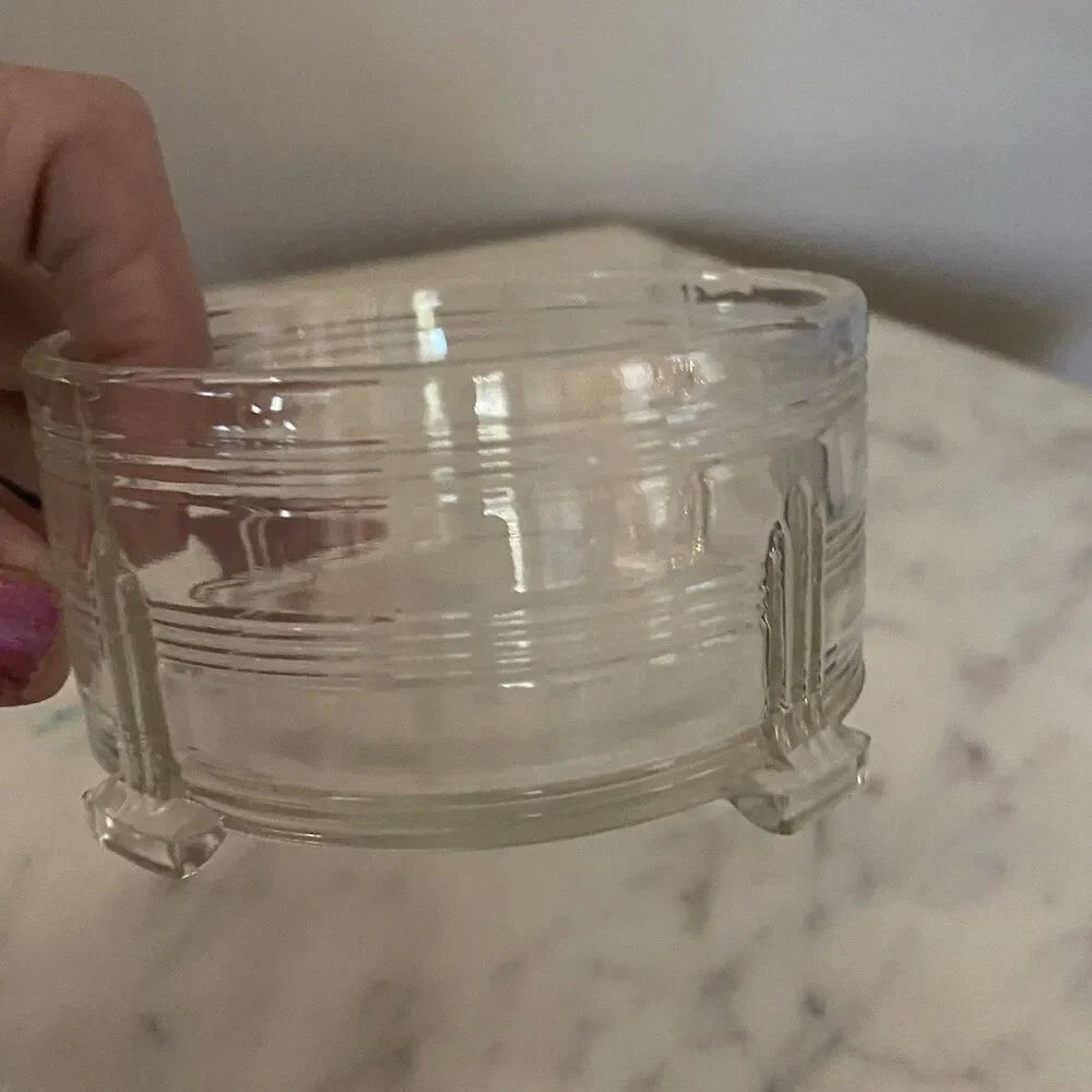 Vintage Art Deco Glass Bottomed Dresser Jar Box Trinket Pink Rose Black Lid